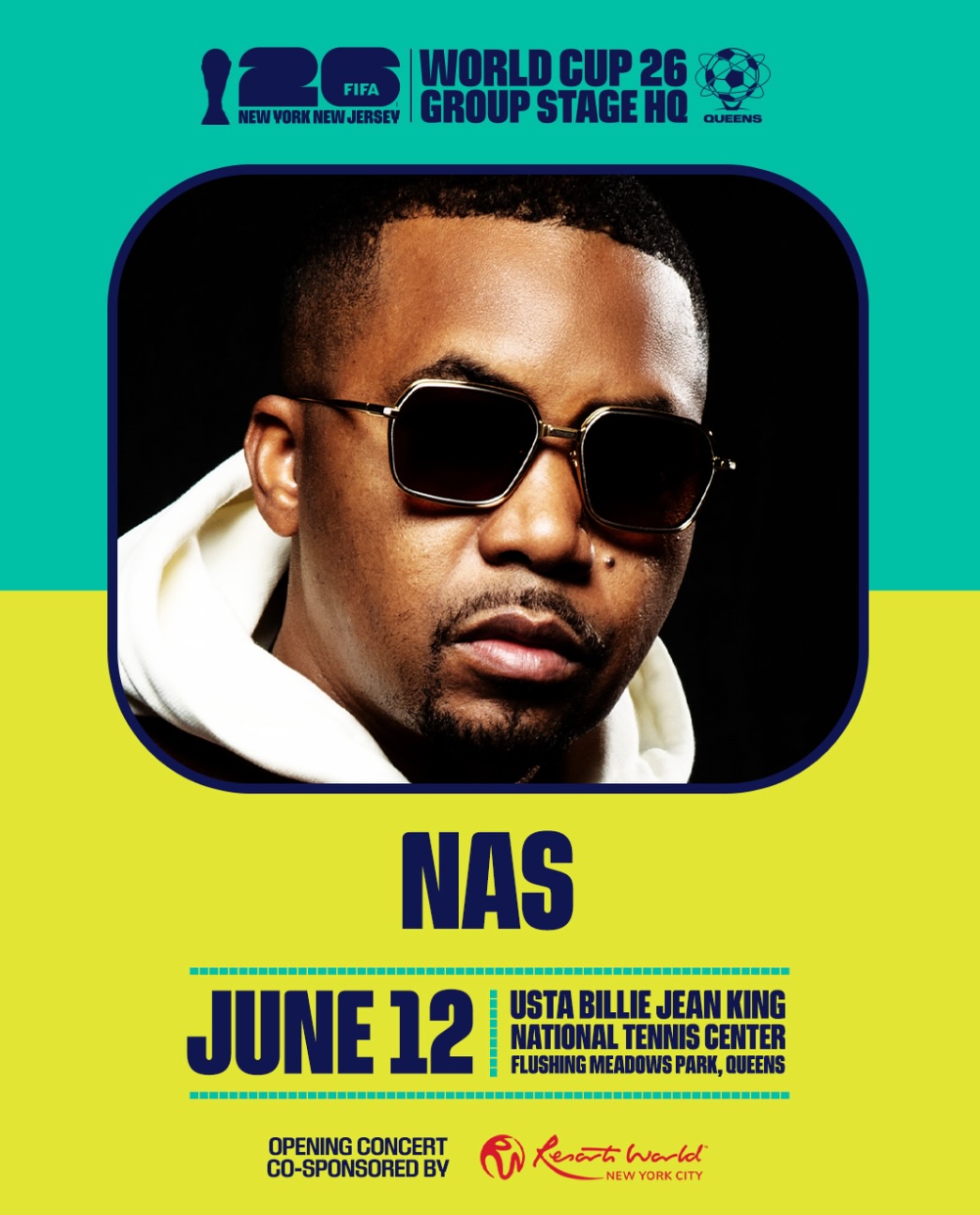 You don’t want to miss Nas and this global lineup this FRIDAY. 🎟️

Get your tickets and be part of a celebration worthy of the world’s biggest sporting event at Queens Group Stage HQ. 📍

Stick around to watch the first @USMNT match after the concert.

#FIFAWorldCup #WeAreNYNJ #Somos26 #WeAre26