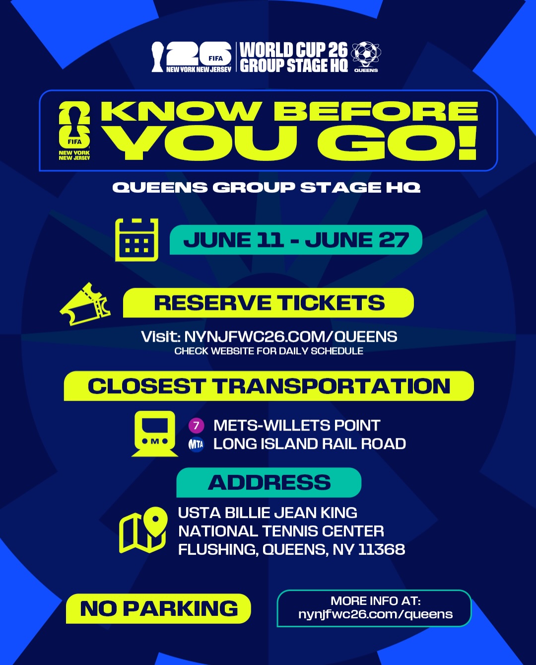 Your guide to Queens Group Stage HQ. 🗺️🗽

Join us from June 11-June 27 at the official Queens destination, as we kick off the world’s greatest tournament in our own backyard. 

Reserve tickets at link in bio with code QUEENSHQ. Walk-ins welcomed until capacity is reached. 

#FIFAWorldCup #Somos26 #WeAreNYNJ