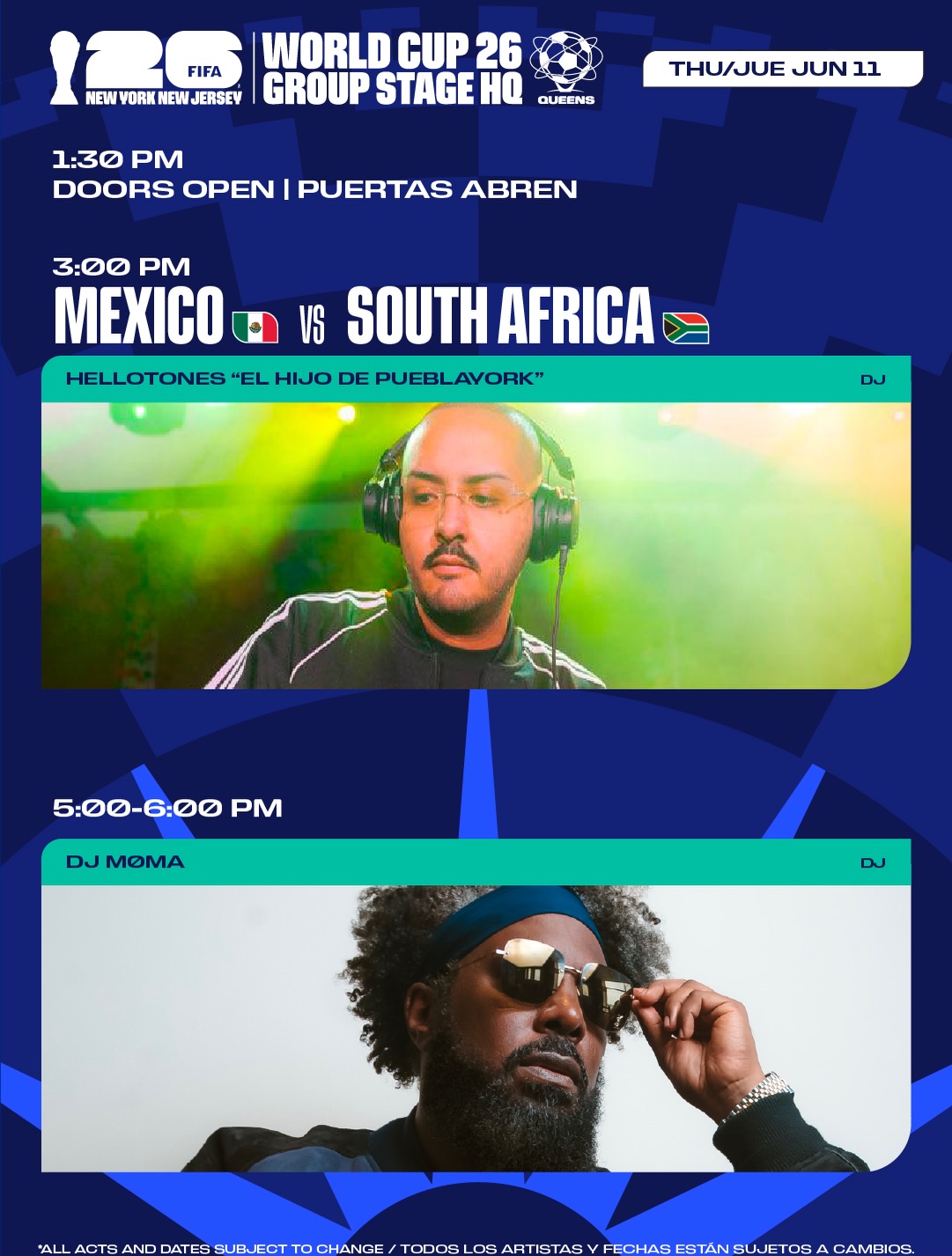 IT IS FINALLY TIME! 🌍⚽️ This is your ultimate Queens Group Stage HQ lineup for the next 4 days.

Swipe through to see the full schedule of matches on the big screen and the live musical performances hitting the stage before you head down to the USTA Billie Jean King National Tennis Center. 

Don’t miss a single minute of the action! 🎉🎤

Unlock code: QUEENSHQ

#WeAreNYNJ #Somos26 #WeAre26